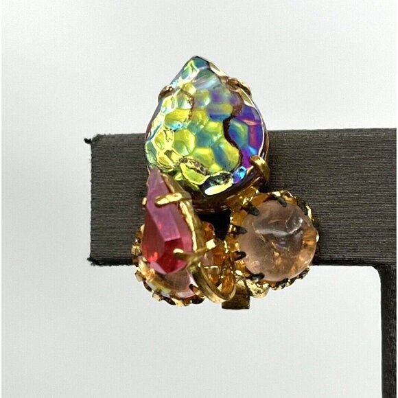 Vintage West Germany Earrings Lava Rock Peacock Glass Clip Earrings Gold Tone 1" - Picture 3 of 11